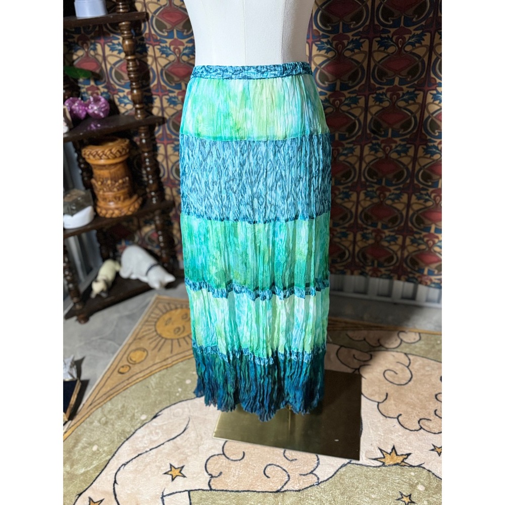Chicos Maxi Skirt Green Blue Turquoise Fringed Crinkle Tiered Boho Hippie